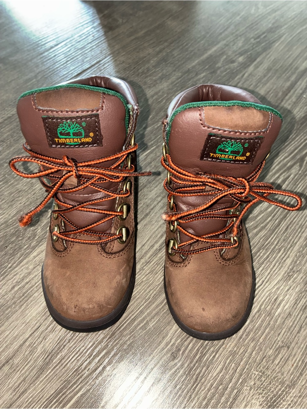 Timberland Kids Brown Leather Hiking Boots with Green Trim